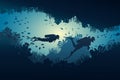 Silhouette of diver, coral reef and underwater