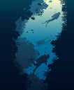 Silhouette of diver, coral reef and underwater Royalty Free Stock Photo