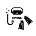 Silhouette Diving poster. Flippers, snorkel tube, mask. Set of outline scuba icon. Black simple illustration for equipment rental Royalty Free Stock Photo