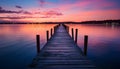 Silhouette of dock, tranquil sunset, reflecting on calm water generated by AI