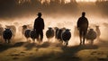 A silhouette of a dog herding a group of sheep