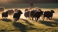 A silhouette of a dog herding a group of sheep, captured in the soft glow of the early morning light