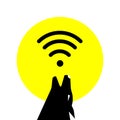 Silhouette of the dog howling and full moon with signal of wi-fi. Vector free internet wi-fi signal. Wild wolf Royalty Free Stock Photo