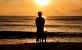 Silhouette of dog and owner walking on the beach in the morning and beautiful sunrise at Ban Krut beach, south of Thailand. Royalty Free Stock Photo