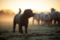 silhouette of dog with sheep at dawn