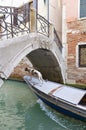 Silhouette of a dog standing on the bow of a boat that swims under a bridge Royalty Free Stock Photo