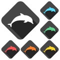 Silhouette dolphin icons set with long shadow