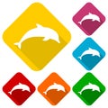 Silhouette dolphin icons set with long shadow