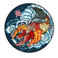 Dragon head and koi carp fish in circle design for tattoo Royalty Free Stock Photo