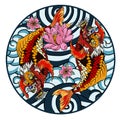 Dragon head and koi carp fish in circle design for tattoo Royalty Free Stock Photo