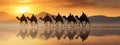 silhouette of Dover lead a caravan of camels on seaside generative AI