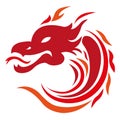 Silhouette of a dragon, painted in red in the form of strokes. Logo of a fairytale animal dragon