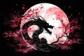 Silhouette of a dragon and sakura flower with full moon background, Generative AI