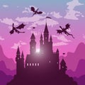 Silhouette of dragons in the sky and castle as poster for House of the Dragon series