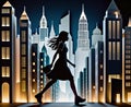 Silhouette of dressed energetic girl briskly walking with a backdrop of highrise buildings