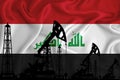 Silhouette of drilling rigs and oil derricks on the background of the flag of Iraq. Oil and gas industry. The concept of oil