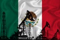 Silhouette of drilling rigs and oil derricks on the background of the flag of Mexico. Oil and gas industry. The concept of oil