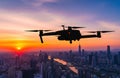 Drone Flying Over Urban Sunset Royalty Free Stock Photo