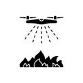 Silhouette Drone puts out fire. Outline icon of firefighting quadcopter. Black illustration of airplane spraying water or flame