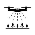 Silhouette Drone spraying agent on crops. Outline icon of air irrigation, fertilizer, disinfection, watering. Black illustration