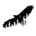 Silhouette Of Eagle With Coniferous Trees On The Background Of Night Sky With The Moon