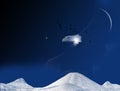 A Silhouette Of An Eagle Flying Above White Snowy Mountain Peaks. White Moon Crescent Silhouette And A Star In Dark Black Sky.