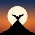 Silhouette of an eagle perched on a mountain peak against a large, round sun. The Royalty Free Stock Photo