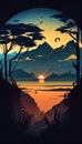 Silhouette of Earth, Low-Angle View with Sunset, Mountains, Trees and Ocean, Made with Generative AI