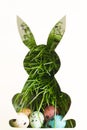 Silhouette of easter rabbit on paper with green grass and colorful egg abstract background Royalty Free Stock Photo