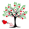 Silhouette of an ebony with green leaves and red hearts. Love tree. Greeting card for Valentine`s Day Royalty Free Stock Photo