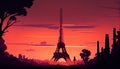 Silhouette of Eiffel Tower, Viewed from a Distance at Dusk, with a Pink and Orange Sky in the Background, Made with Generative AI Royalty Free Stock Photo