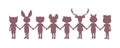 Silhouette of eight children holding hands, with animal heads, isolated on white background Royalty Free Stock Photo