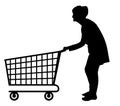 Silhouette of elderly woman pushing empty shopping trolley