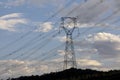 Silhouette of electric power towers during dusk Royalty Free Stock Photo