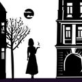 Silhouette elegant girl with cup of coffee, city, autumn, buildings, mood, black color. Vector illustration Royalty Free Stock Photo