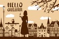 Silhouette elegant girl with cup of coffee, lettering Hello Autumn, cafe table, tree, city houses. Vector illustration Royalty Free Stock Photo