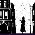 Silhouette elegant girl with cup of coffee, night city, autumn, buildings black color. Vector illustration Royalty Free Stock Photo