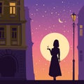 Silhouette elegant girl with cup of coffee, sunset city, autumn, buildings. Vector illustration Royalty Free Stock Photo