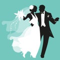 Silhouette of elegant wedding couple dancing in retro style. Bride wearing long dress and veil on head, groom wearing tailcoat