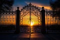 silhouette of an elegant wrought iron gate at sunset