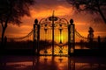 silhouette of an elegant wrought iron gate at sunset