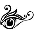 2342 silhouette, element in black, pattern for tattoo, drawing decorative eye with curls, isolate on a white background