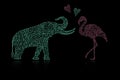 Silhouette of an elephant and a flamingo and a heart with polka dots. Royalty Free Stock Photo