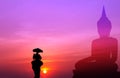 Silhouette elephant with tourist with big buddha background at s