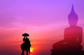 Silhouette elephant with tourist with big buddha background at s