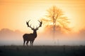 silhouette of elk at sunrise in a misty field Royalty Free Stock Photo