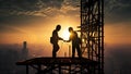 Silhouette of engineer and architect shaking hands on construction site Royalty Free Stock Photo