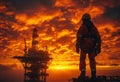 Silhouette of engineer looking at oil rig at sunset Royalty Free Stock Photo