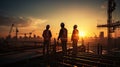 Silhouette of Engineer and worker on building site, construction site at sunset in evening time Royalty Free Stock Photo