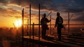 Silhouette of Engineer and worker on building site, construction site at sunset in evening time Royalty Free Stock Photo